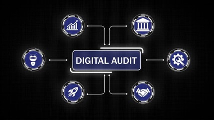 Engaging with digital audit tools, a hand navigates a glowing interface showcasing graphs and digital data . This process emphasizes accuracy in financial monitoring and transparency 4k animation. - Powered by Adobe