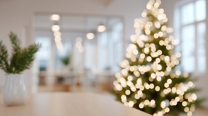 Modern open space office with blurred Christmas tree and soft lighting, featuring a festive atmosphere, creating a warm and inviting holiday environment for productivity and collaboration