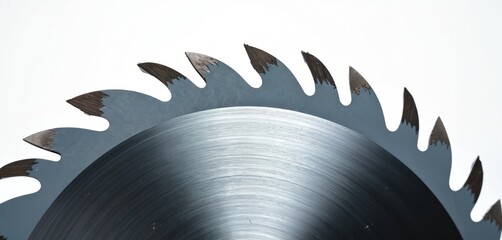 Closeup circular saw blade against white. Photo details teeth design for efficient cutting. Presents industrial tool for woodworking projects, construction DIY applications. Blade highlights metal