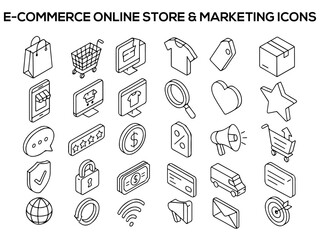30 3D Line Art E-Commerce Online Store & Marketing Icons – Minimal Isometric Outline Set
