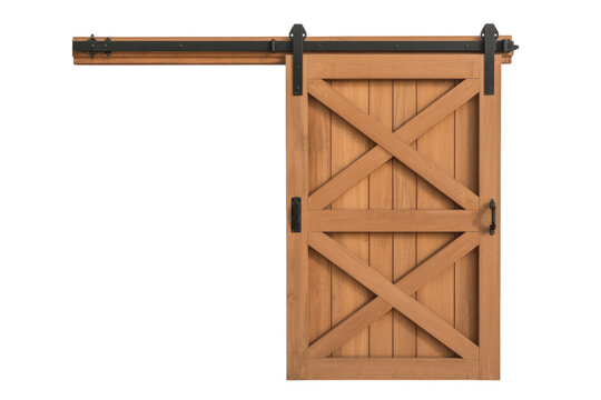 A rustic light brown wooden barn door with a decorative X-brace design and black metal sliding hardware, perfect for modern farmhouse interiors. background removed