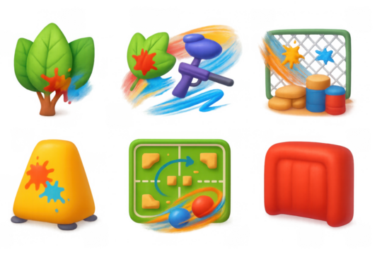 Vibrant paintball icons for nature and adventure themes