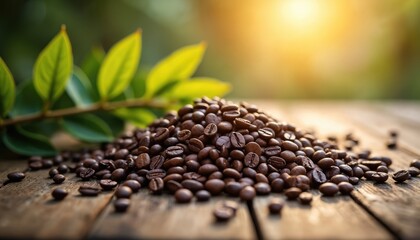 Pile of brown coffee beans on wooden table with soft light. Green leaves nearby add fresh natural accent. Image depicts coffee close up, ideal for cafe, restaurant, food industry.
