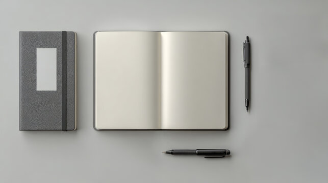 Open notebook with blank pages arranged next to closed journal and pens, ideal for stationery branding, writing themes, minimal workspace layouts and creative design previews.