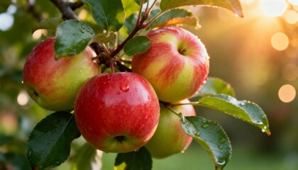 Obraz premium Delicious, appetizing red-cheeked apples on a branch. Autumn harvest, orchard
