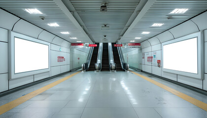 Clean, bright subway platform with a large blank advertisement and escalator
