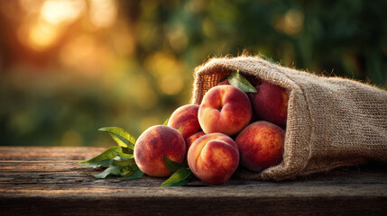 Fresh peaches spill from a burlap sack, resting on a rustic wooden table, with soft sunlight filtering through the background.