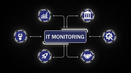 Multiethnic team of IT te IT monitoring chnical specialists work on computers with displayed big data server, blockchain network and live analysis charts in monitoring control room. 4k animation. - Powered by Adobe