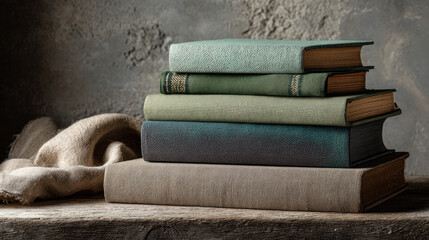 A stack of vintage books in various shades of green and blue rests on a rustic wooden surface, complemented by a soft, crumpled fabric.