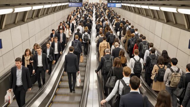 Business People Commute on Escalators at Metro Station During Rush Hour