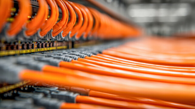 Network server rack with multiple organized orange Ethernet cables connected to switches in a modern data center environment for high-speed communication and data tr