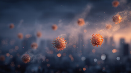 A surreal depiction of viruses floating in a misty urban landscape, symbolizing the pervasive nature of disease in modern cities.