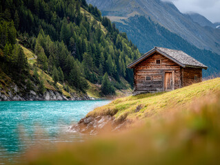 Rustic wooden cabin on a peaceful grassy hillside overlooking a turquoise mountain lake surrounded by dense evergreen forests and towering peaks
