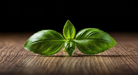Fresh green basil sprig rests on vintage wood. Soft lighting emphasizes the detailed leaf veins, creating a rich, earthy, aromatic culinary scene ,vibrant ,leaf ,dark