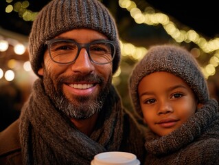 Father and son enjoying a warm beverage