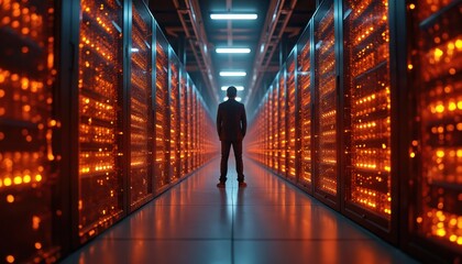 Rear view of man in datacenter server room. Technician stands in data center with glowing racks. Engineer controls equipment, manages data and solves problems in network.
