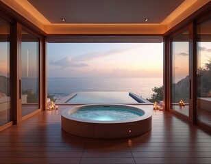 Naklejka premium Luxury jacuzzi with ocean view. Private deck offers relaxation and wellness at sunset. Candles provide warm mood. It is a wonderful spot for romantic vacation or honeymoon retreat. Nice spa resort