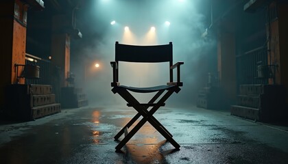 Fototapeta premium Empty director chair on movie set. Spotlights shine through smoke in dark film studio. Cinematic scene on wet floor shows production stage. Filmmaking process, solitude of creation in cinema industry.