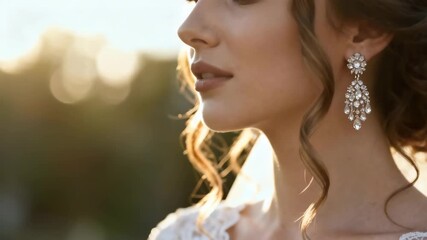 Elegant close-up of luxury bridal earrings sparkling beside soft curls in warm sunset light. Lace dress detail and creamy bokeh create a premium romantic wedding mood for design projects. - Powered by Adobe