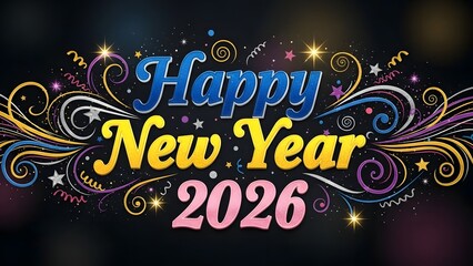 Happy new year 2026 festive text with swirls and confetti celebration