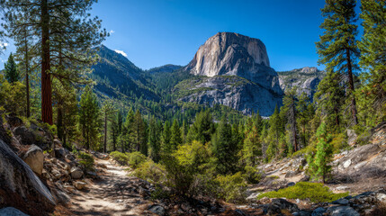 Scenic hiking trail surrounded by green pine trees leading to a massive granite rock formation under a clear blue sky in a national forest reserve