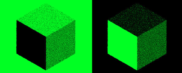 Isometric Cube with Stippled Halftone Texture Effect in Neon Green on Contrasting Black Background