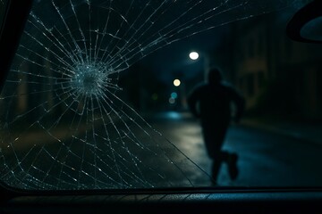 Shattered glass with silhouette of hooded figure running at night. concept of mystery, crime scene, suspense thriller
