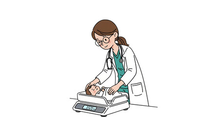 Female doctor weighing a newborn baby on a digital scale during a routine check-up, illustrating pediatric care and infant health.