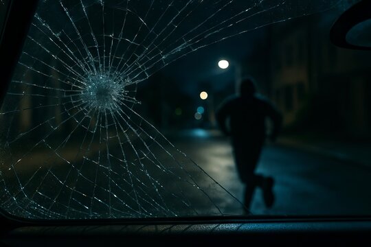 Shattered glass with silhouette of hooded figure running at night. concept of mystery, crime scene, suspense thriller
