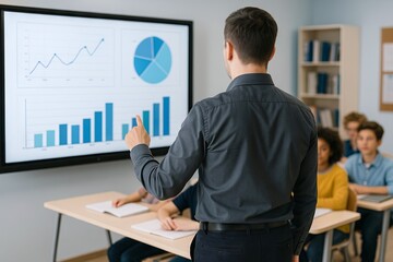 Teacher conducting interactive lesson with digital panel and engaged students learning in classroom. concept of education, technology integration, classroom interaction
