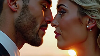 Romantic close-up of a bride and groom about to kiss at sunset, warm golden light and soft focus on lips and expressions. Ideal for elegant wedding design and branding projects.