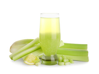 Glass of healthy green juice with celery and ingredients on white background, closeup