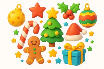 Fototapeta premium Festive christmas decorations with gingerbread man, candy cane, colorful ornaments illustration. concept of holiday cheer, seasonal decor, winter celebration Christmas set isolated on white background