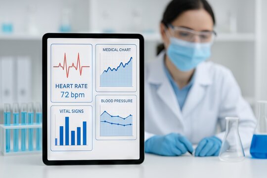 Medical charts displayed on tablet with asian female scientist analyzing data in a laboratory. concept of research, health monitoring, digital analysis