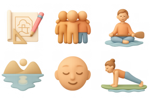 Calm yoga and meditation icons with relaxation and harmony themes for wellness design