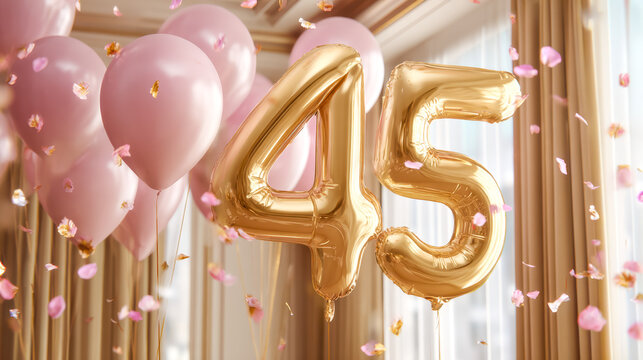 Elegant celebration for a 45th milestone with pink balloons and gold numeral balloons