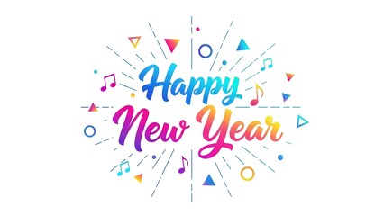 Happy new year typography with colorful geometric shapes and music notes