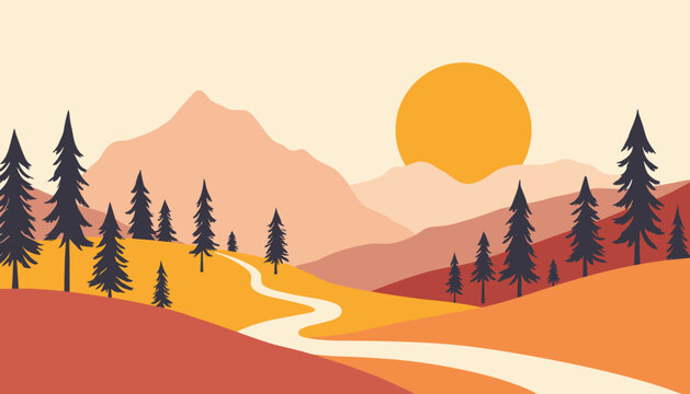 Stylish landscape with mountains, trees, and sunset in a modern illustration