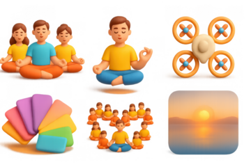 Meditative icon set featuring yoga, tranquil landscapes, and relaxation elements for design use