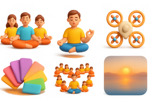 Meditative icon set featuring yoga, tranquil landscapes, and relaxation elements for design use