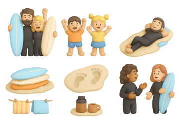 Cartoon beach day icons for summer vacation designs and kids activities