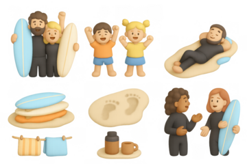Cartoon beach day icons for summer vacation designs and kids activities