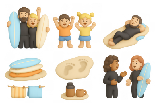 Cartoon beach day icons for summer vacation designs and kids activities