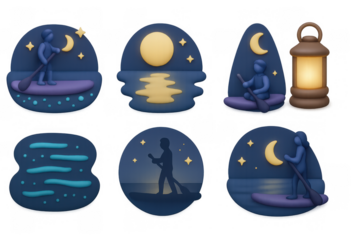 Nighttime stand-up paddleboarding scenes with serene moonlit backgrounds for relaxation and design