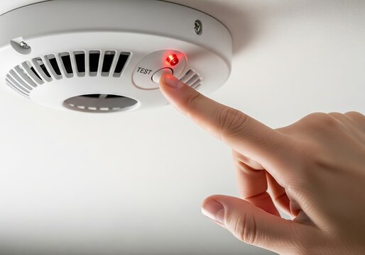 Woman finger pressing the test button on a smoke detector with a red light, simulating fire alarm for home safety and emergency preparedness.