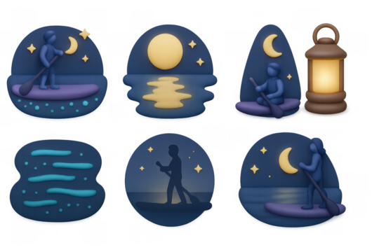 Nighttime stand-up paddleboarding scenes with serene moonlit backgrounds for relaxation and design