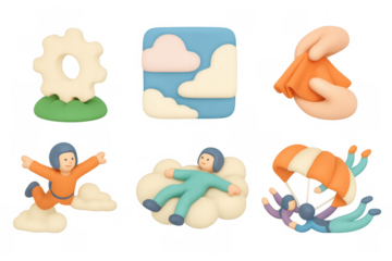 Skydiving cartoon icon set featuring playful parachuting characters and fun elements for design