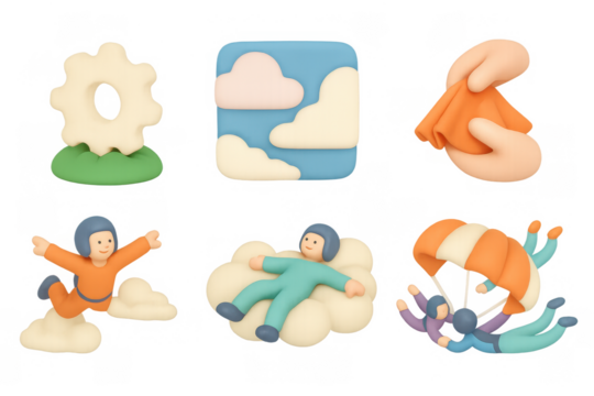 Skydiving cartoon icon set featuring playful parachuting characters and fun elements for design