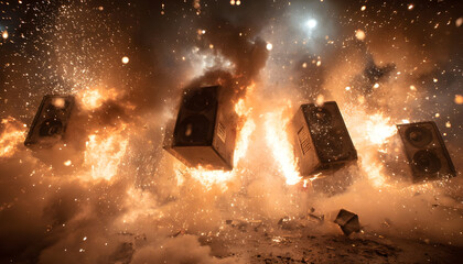 A group of speakers engulfed in flames, with smoke and sparks flying everywhere