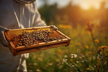 Modern Beekeeper with Honeycomb Frame at Golden Hour